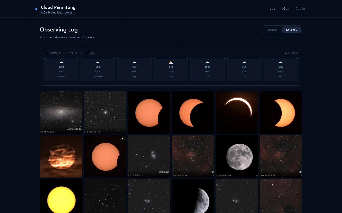 The Cloud Permitting observing log: a seven-night cloud forecast for Southport above a gallery of deep-sky images, the Moon, the Sun and a partial solar eclipse